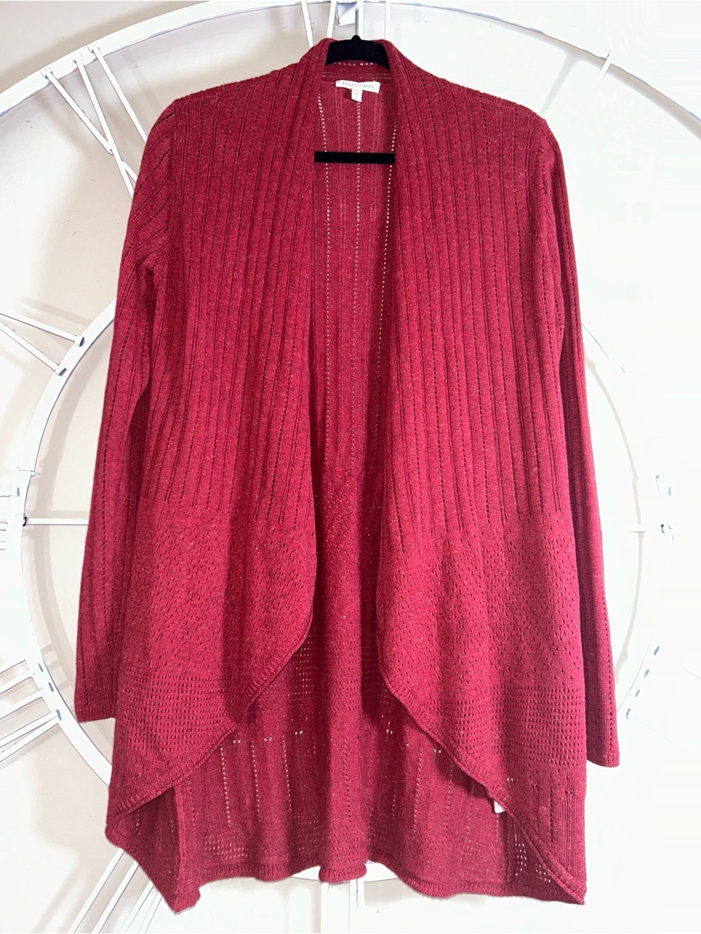 Eileen Fisher Open Front Garnet Red Cotton Linen Pointelle Cascading Cardigan